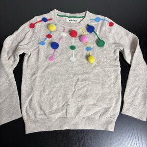 MINI BODEN Girls 7-8 Beige Colorful Pom-Pom Crewneck Sweater